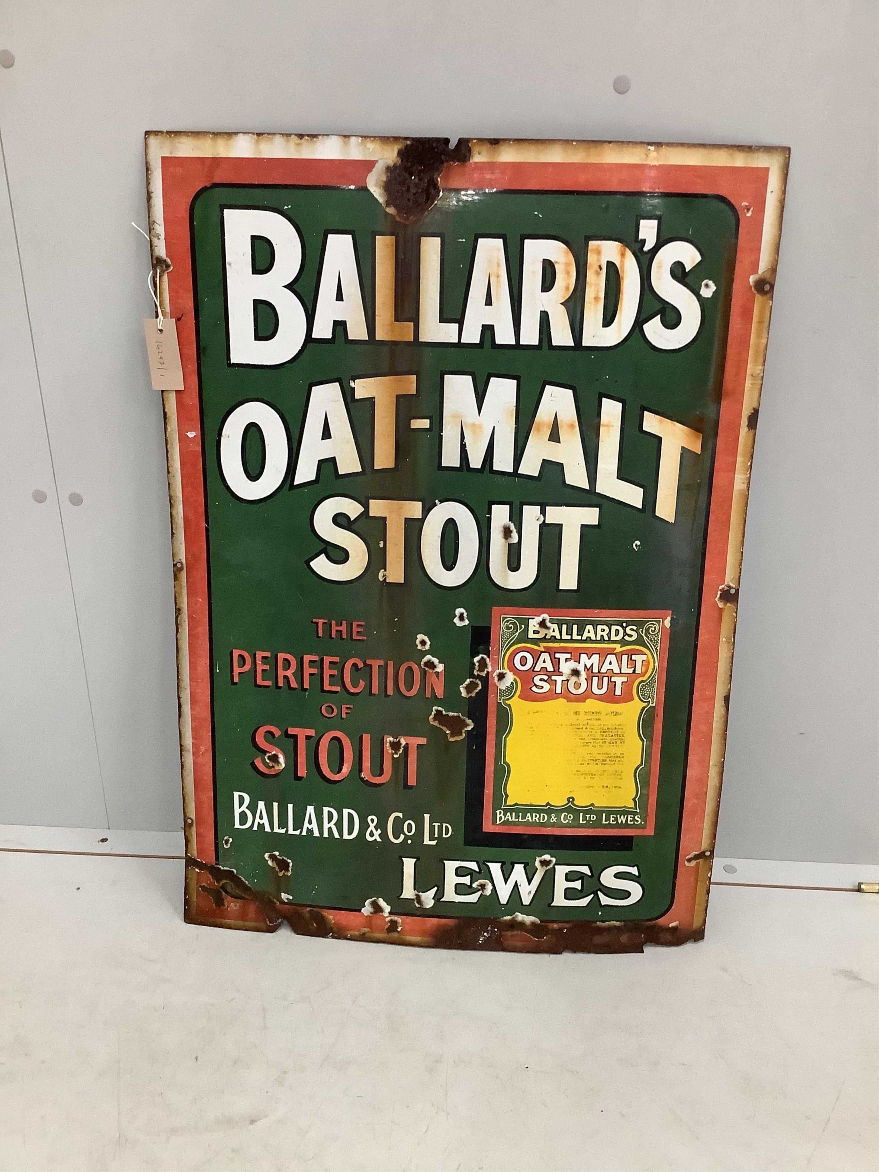 A vintage rectangular enamelled advertising sign 'Ballard's Oat Malt Stout, Lewes', width 61cm, height 87cm